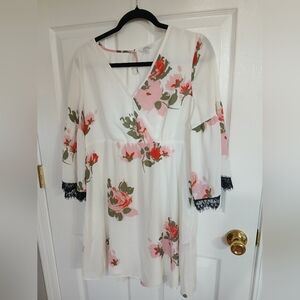 Candie's White and Pink Floral Pattern Dress Boho Fairy Cottage Whimsi Babydoll